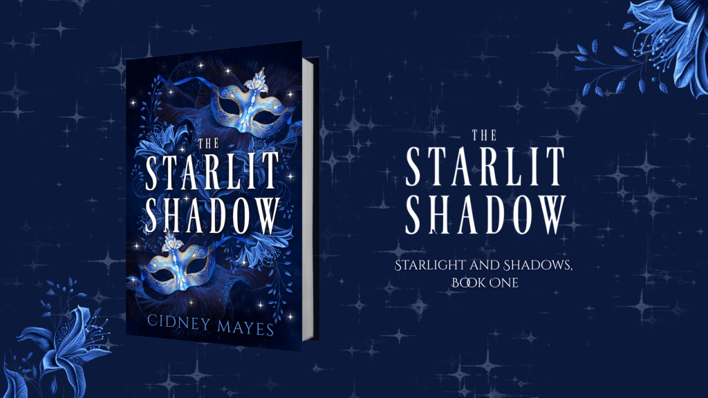 Book cover of The Starlit Shadow set against dark blue background and bright blue, magical flowers